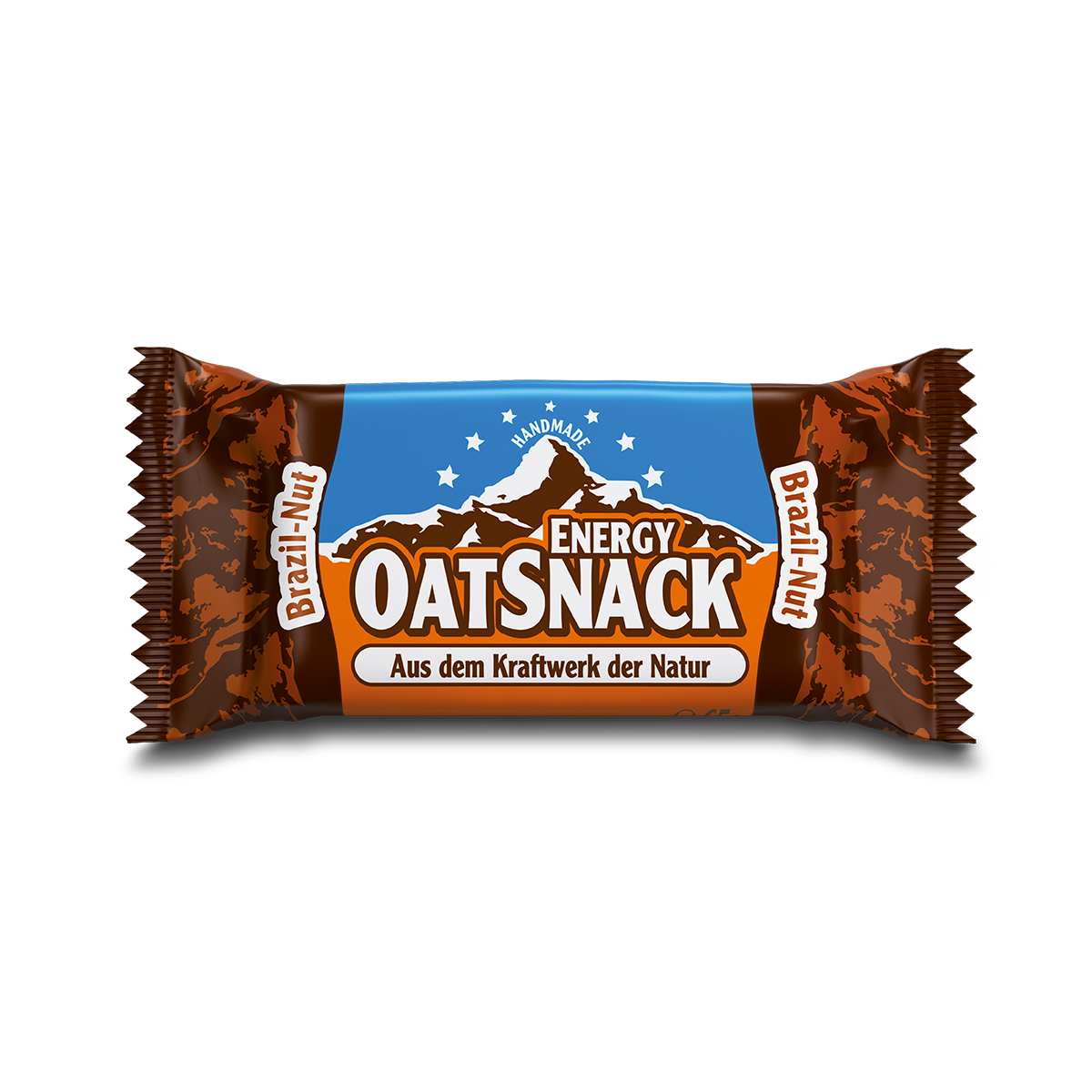Barretta energetica all'avena con involucro blu e arancione; scritta "Brazil-Nut" sui lati.