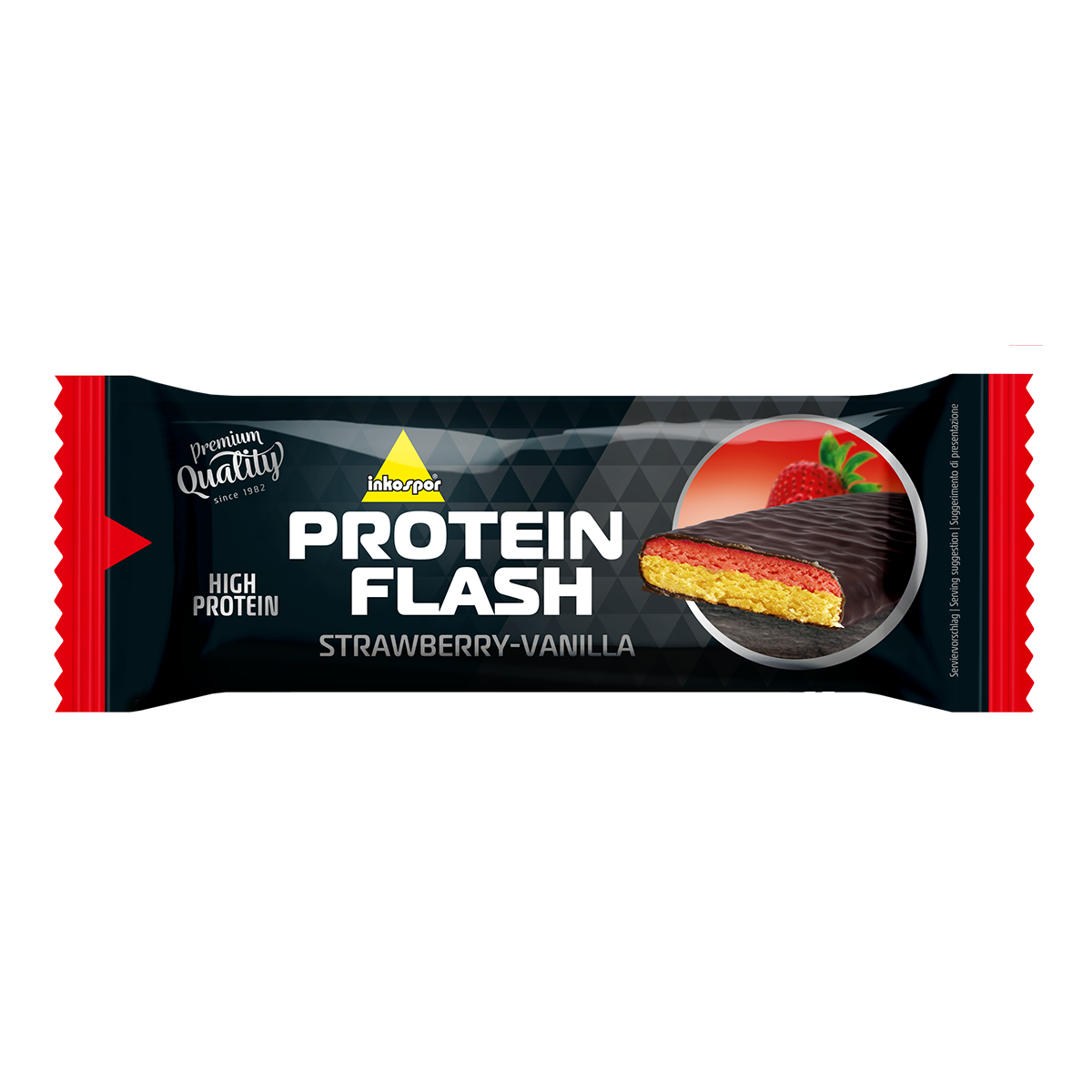 Barretta Protein Flash alla fragola e vaniglia in confezione nera e rossa, con una barretta tagliata che mostra strati di sapore.