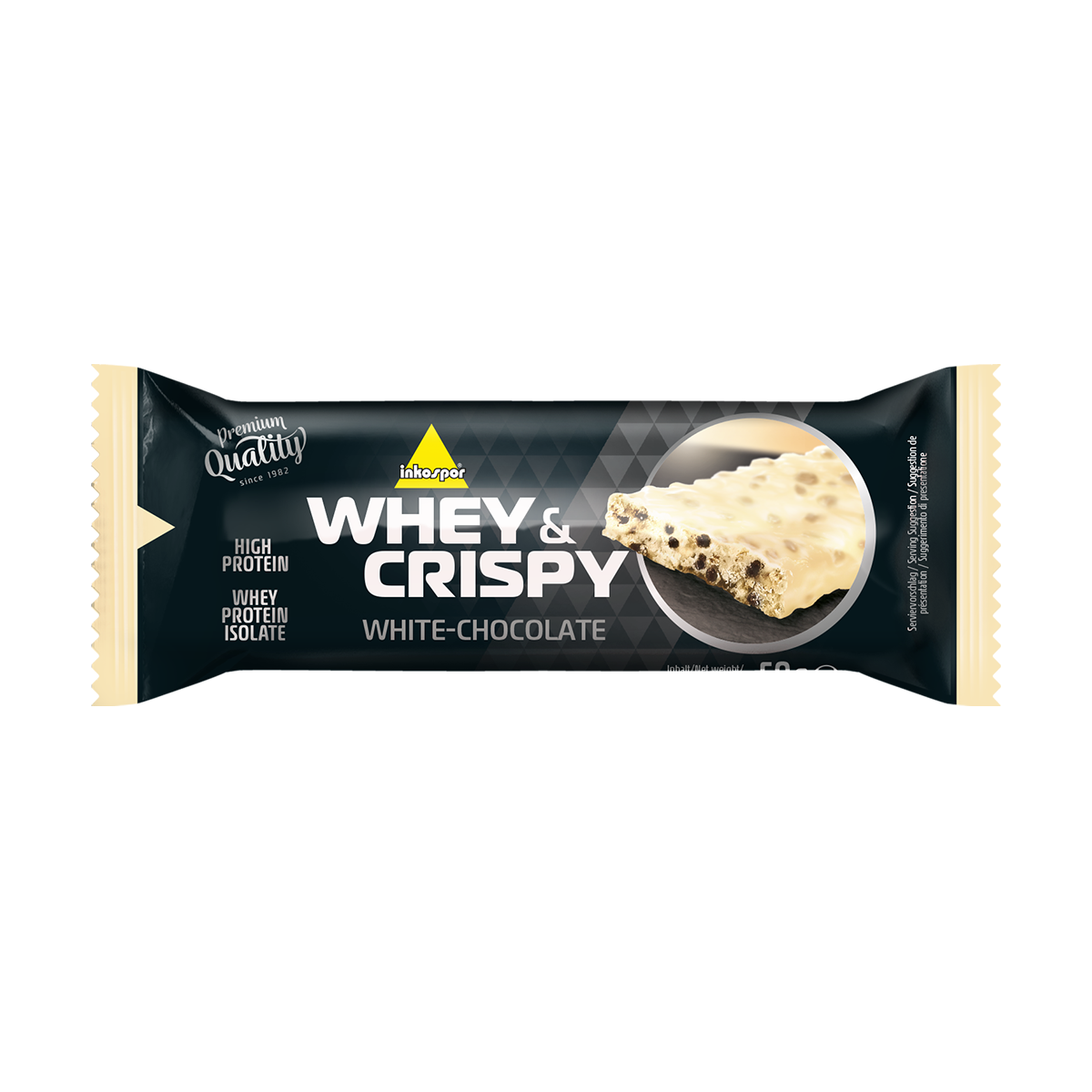 Barretta proteica al cioccolato fondente Whey & Crispy in confezione.