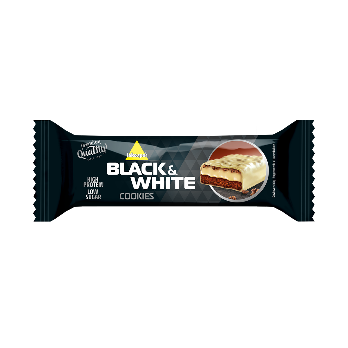 Barretta di biscotti bianchi e neri in confezione nera con l'immagine del biscotto.