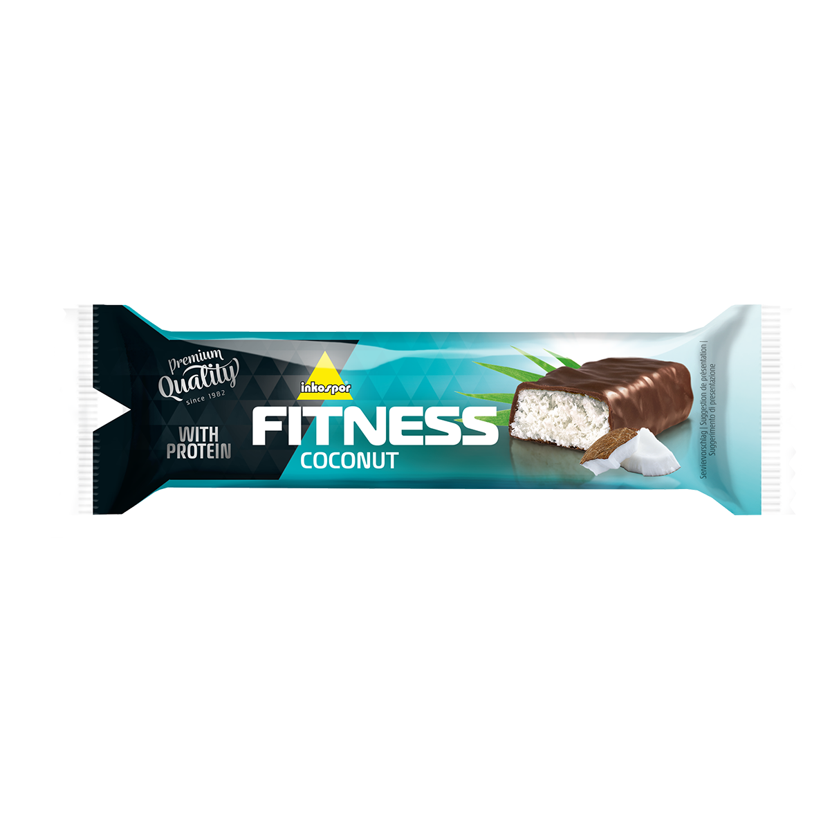 Barretta proteica Fitness Coconut in un involucro blu e bianco.