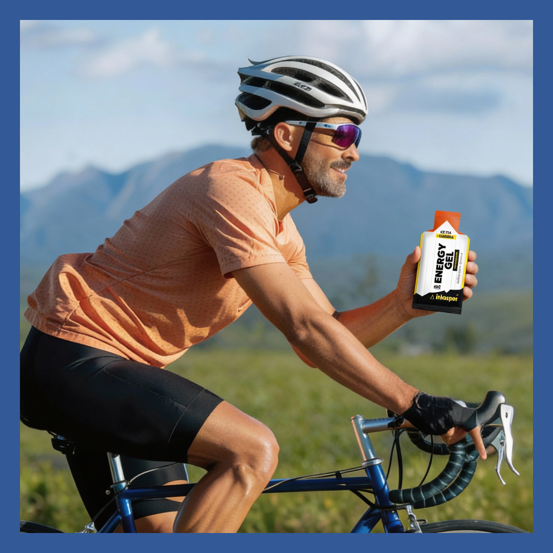 Ciclista con casco e occhiali da sole, tiene in mano una bottiglia. Sta pedalando all'aperto.