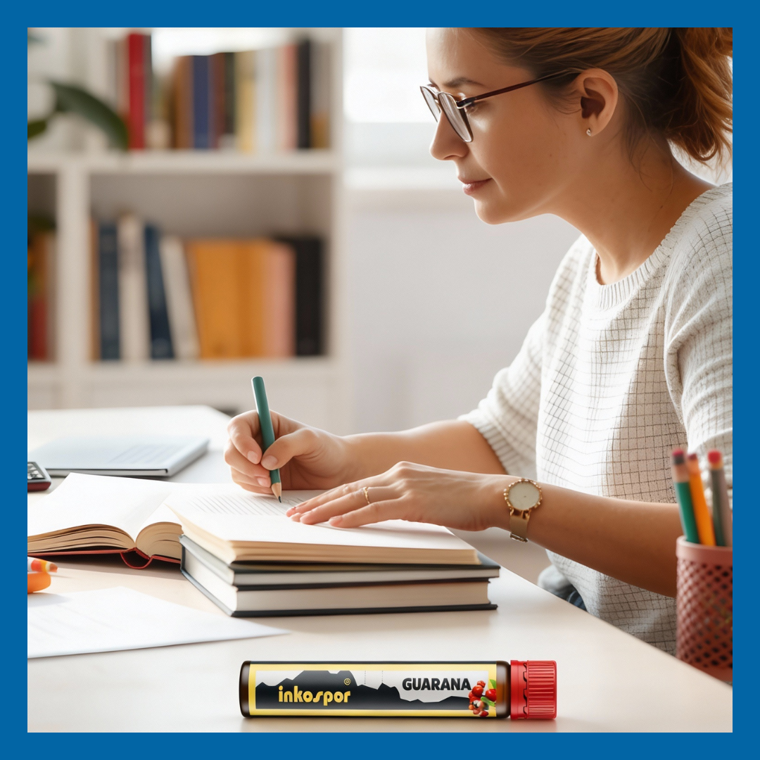 Donna che scrive su un quaderno alla scrivania. Sullo sfondo una libreria, penna e evidenziatore in vista.