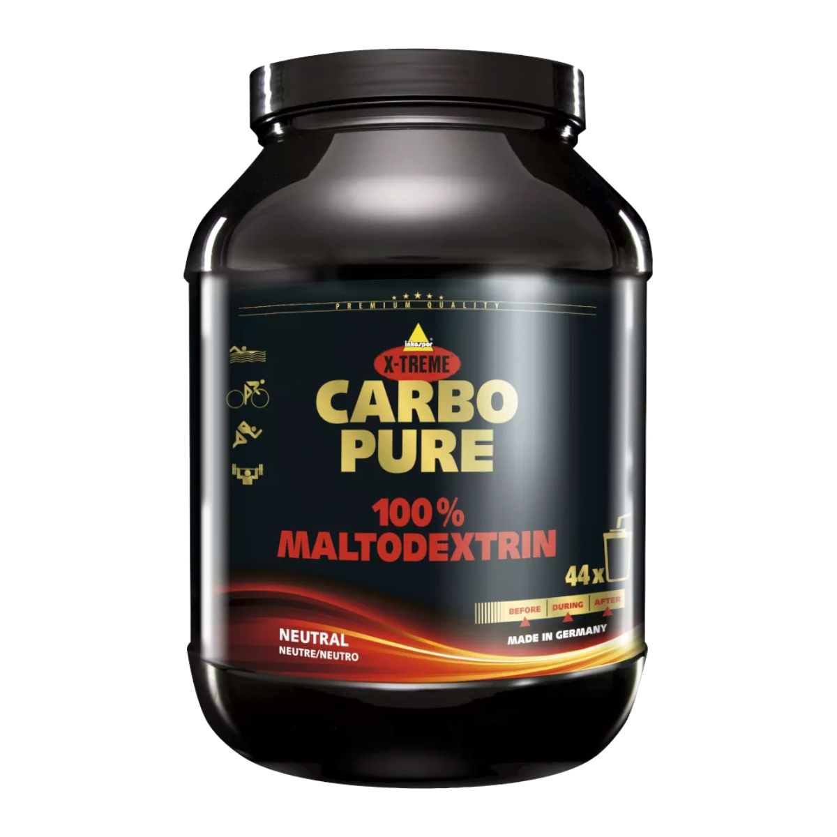 Contenitore nero di polvere di maltodestrina Carbo Pure con scritte dorate e rosse.