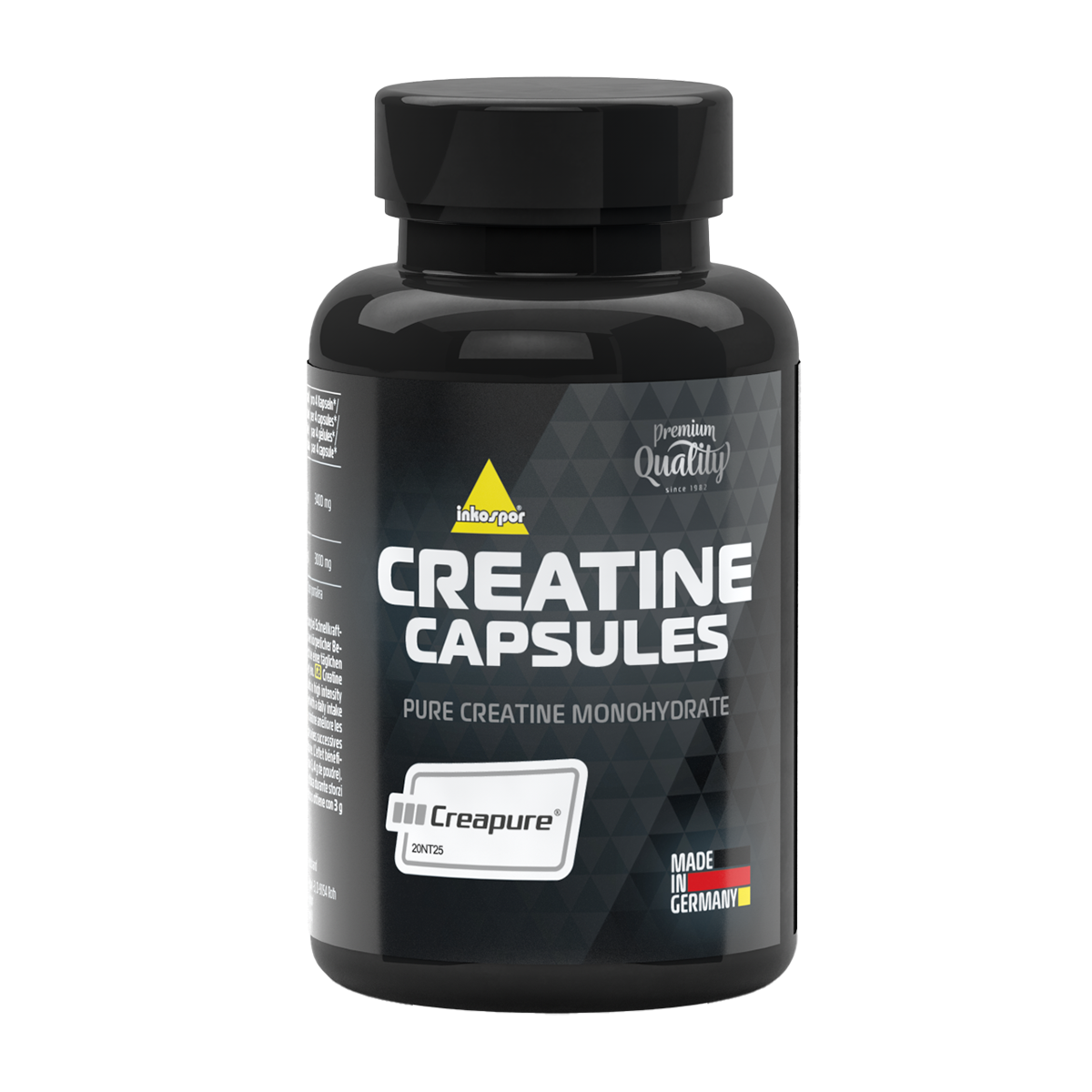 Flacone nero di capsule di creatina con scritte bianche e coperchio nero.