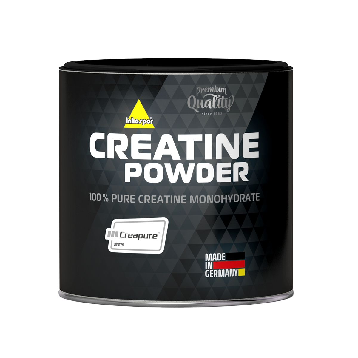 Vaschetta nera di creatina in polvere, etichettata "Creatina in polvere" e "Creatina monoidrato pura al 100%", con bandiera tedesca.