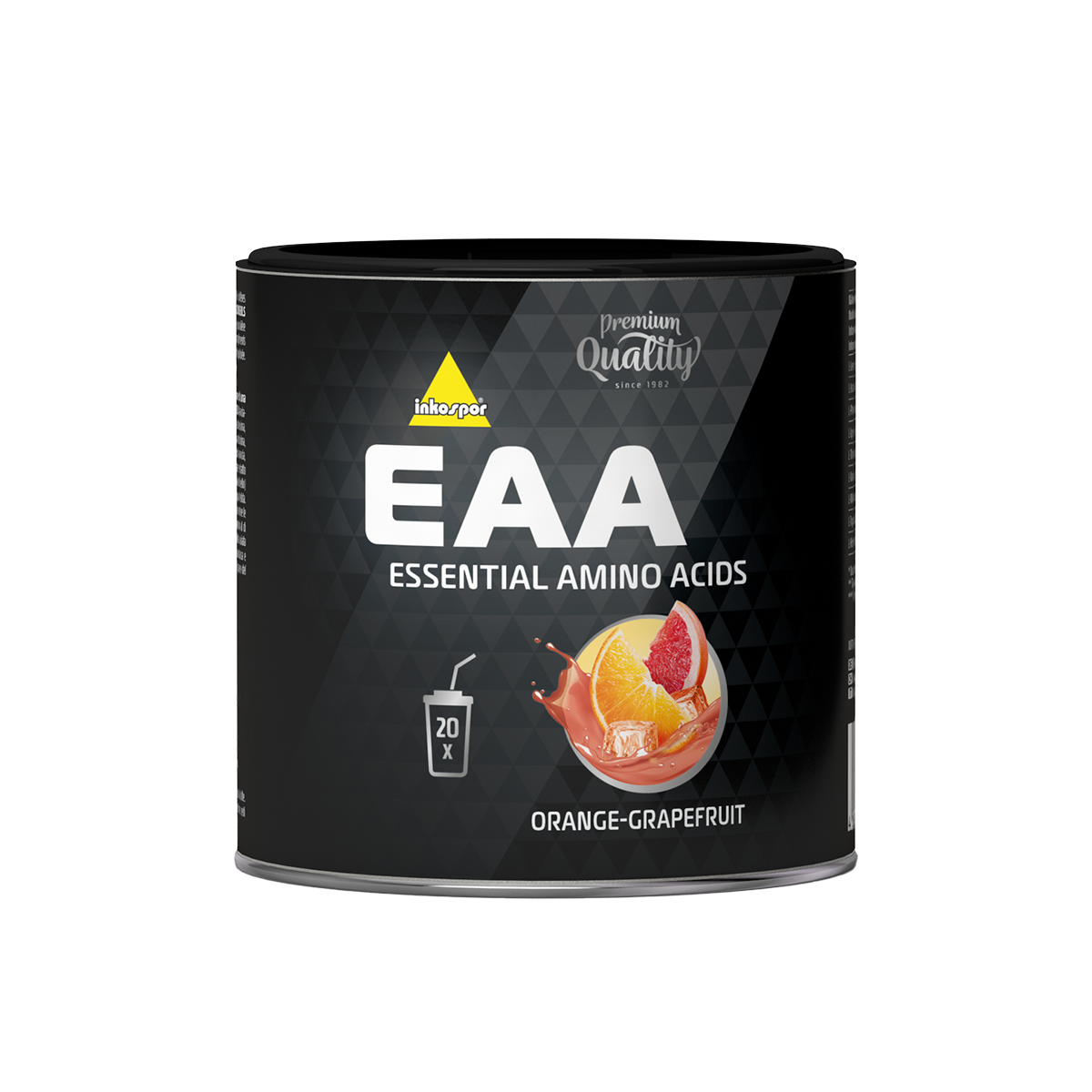 Contenitore nero per integratori con l'etichetta 