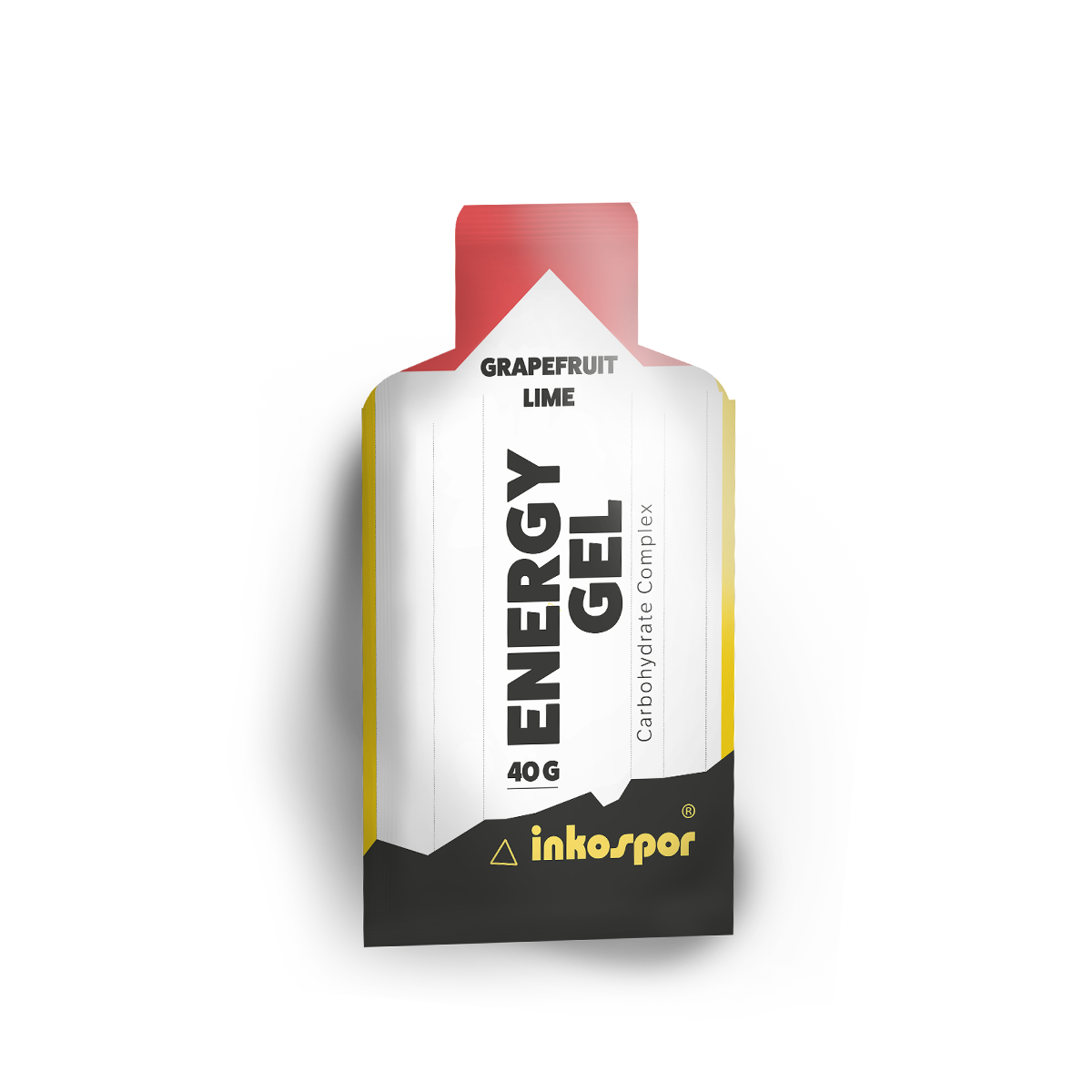 Bustina di gel energetico. Design bianco, giallo e nero al gusto di pompelmo e lime. Testo 