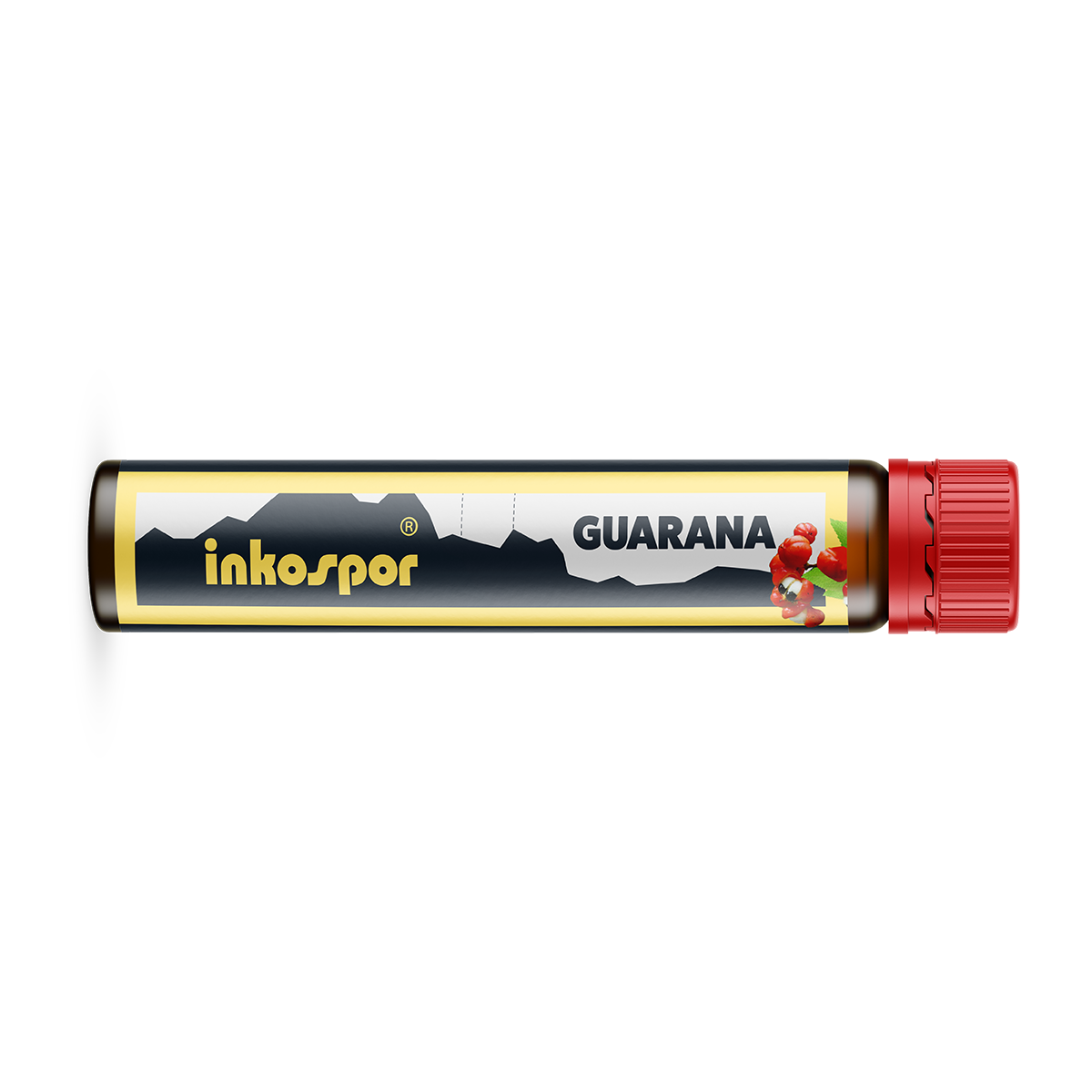 Integratore alimentare Inkospor Guarana in tubetto con tappo rosso e bacche di guaranà.