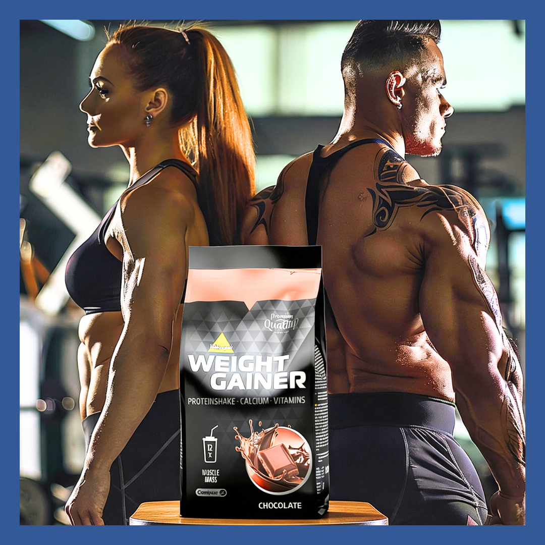 Donna e uomo in palestra posano con un prodotto per aumentare il peso. Gusto cioccolato sulla confezione.