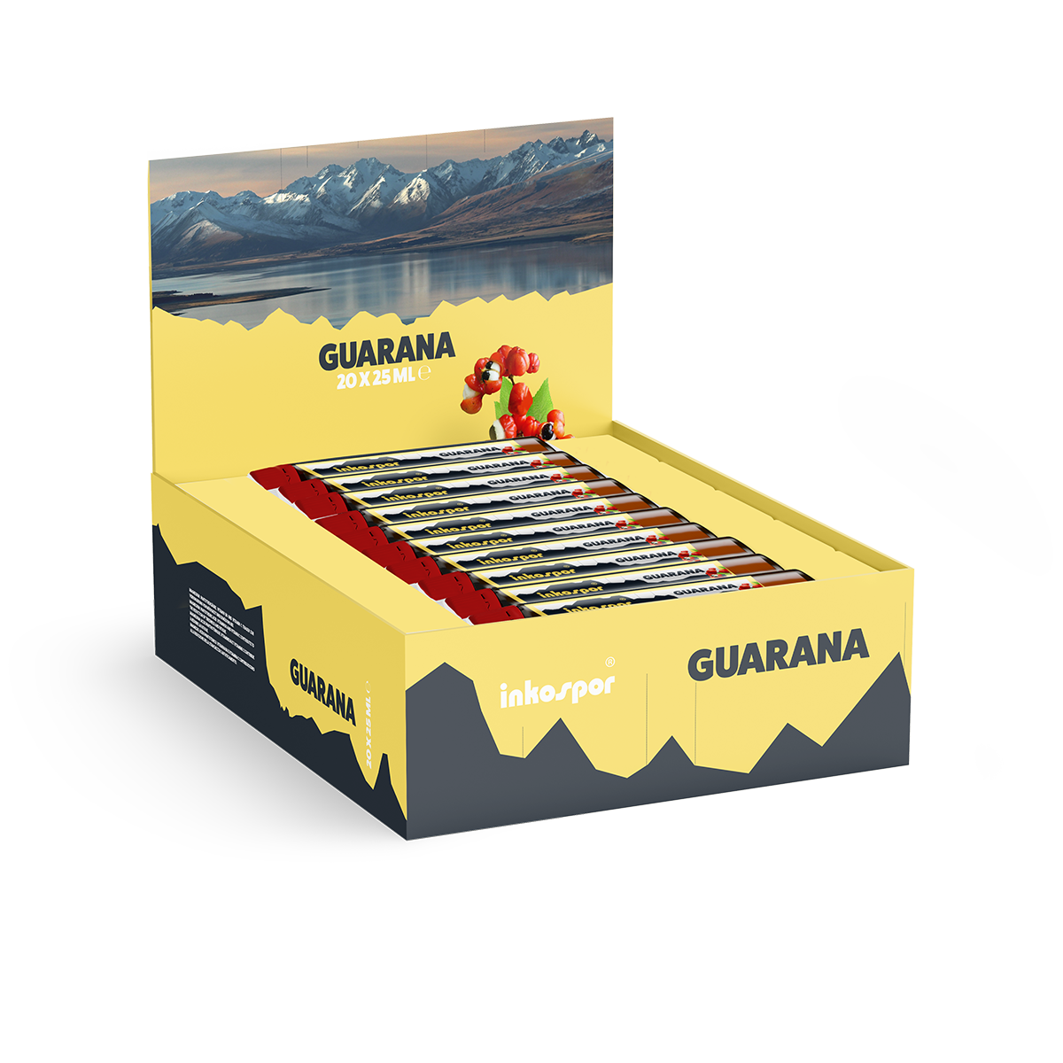 Integratore alimentare Inkospor Guarana in tubetto con tappo rosso e bacche di guaranà.