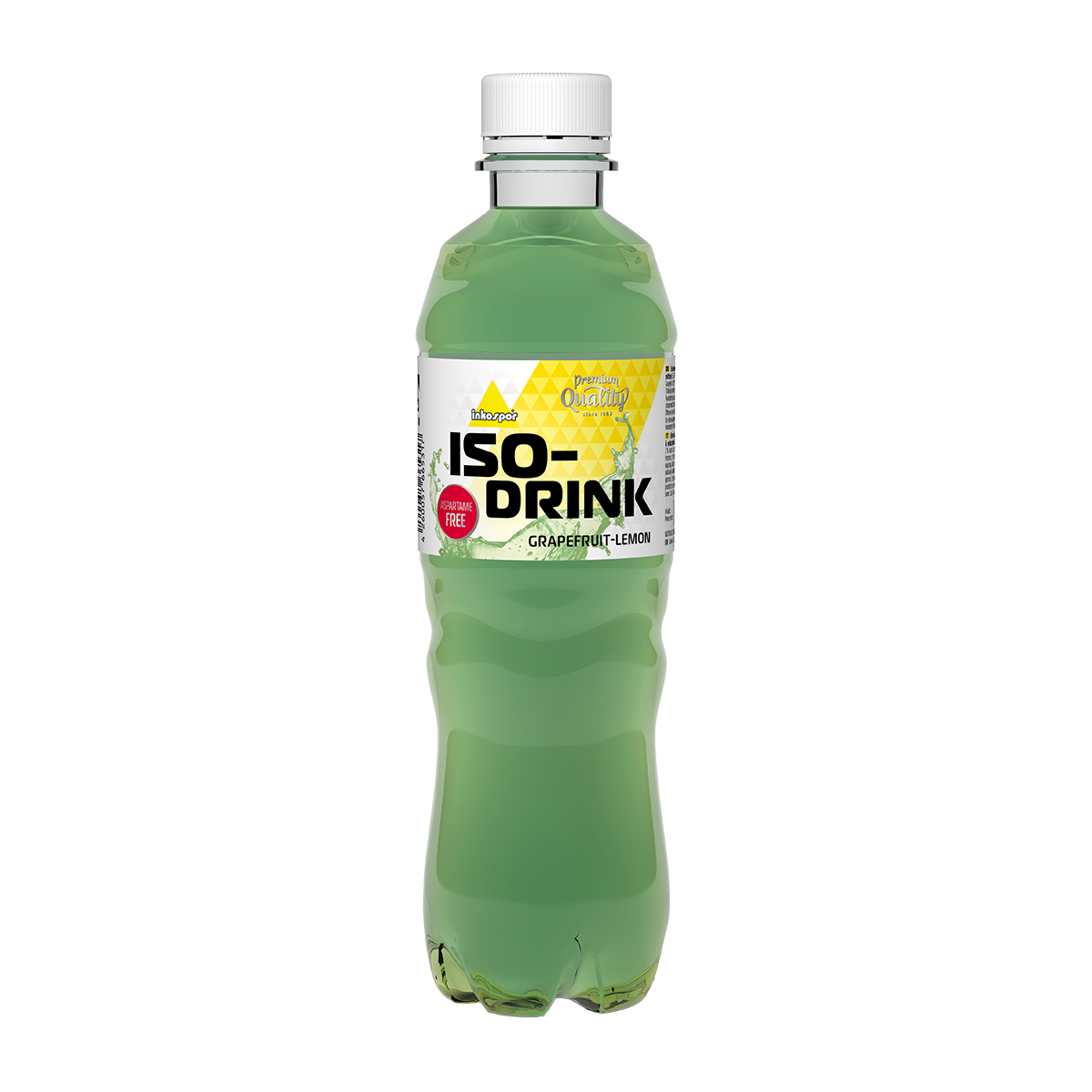 Bottiglia di bevanda sportiva ISO-DRINK verde con etichetta bianca e gialla, tappo bianco, su sfondo bianco.