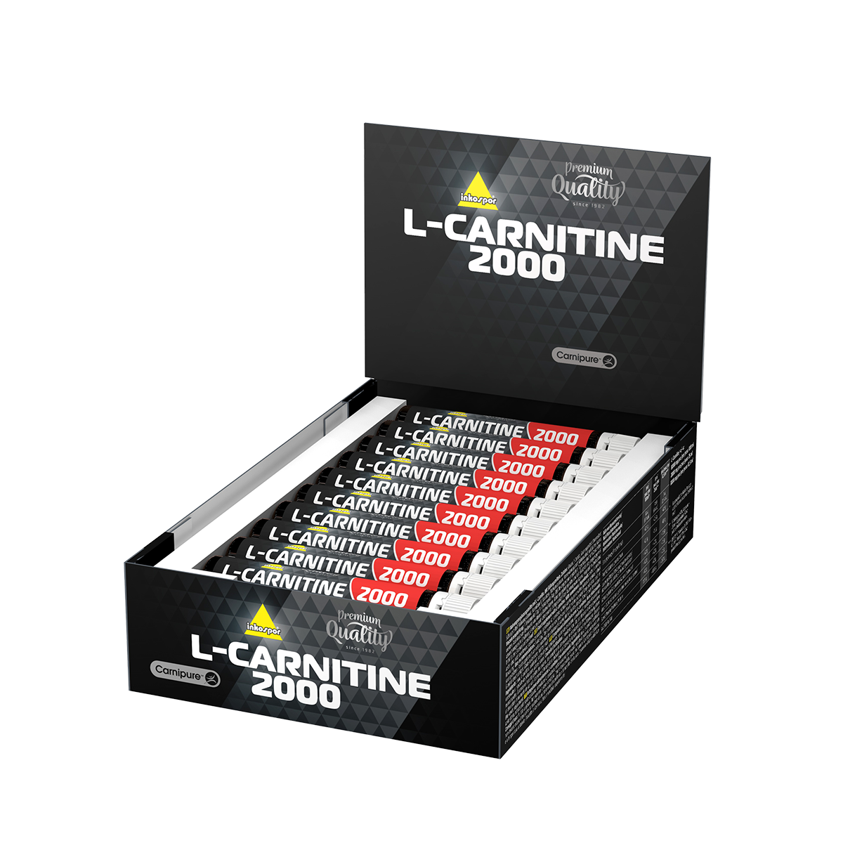 Integratore di L-Carnitina 2000 in flacone rosso e nero. Tappo bianco ed etichetta con testo.