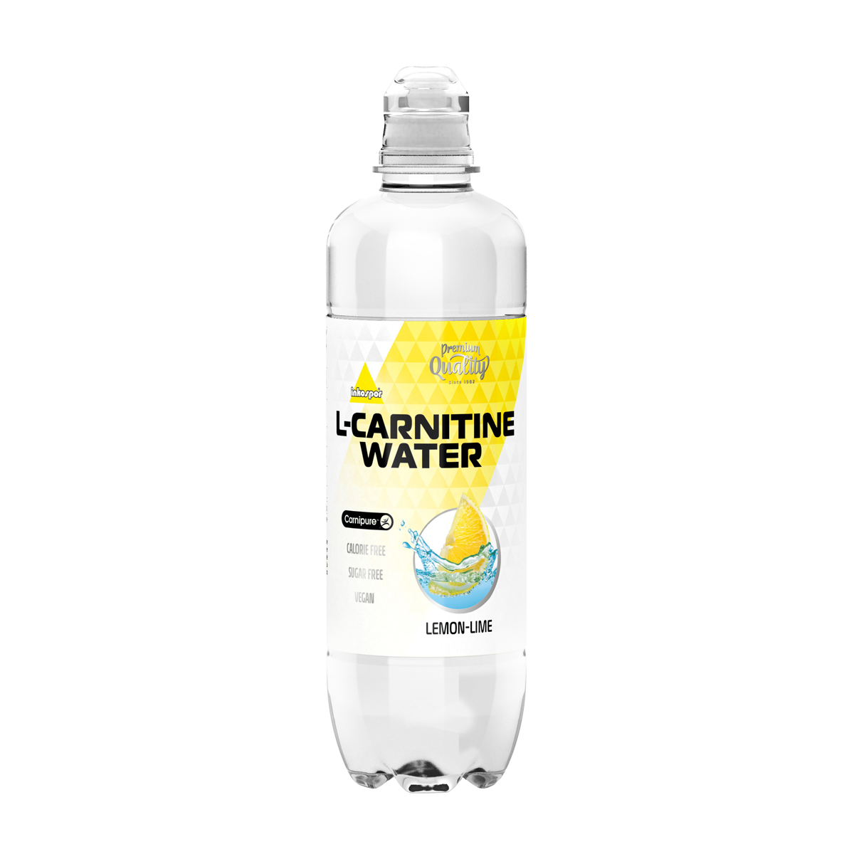 Bottiglia di acqua con L-Carnitina. Bottiglia trasparente con etichetta bianca, dettagli gialli e illustrazione di un limone.