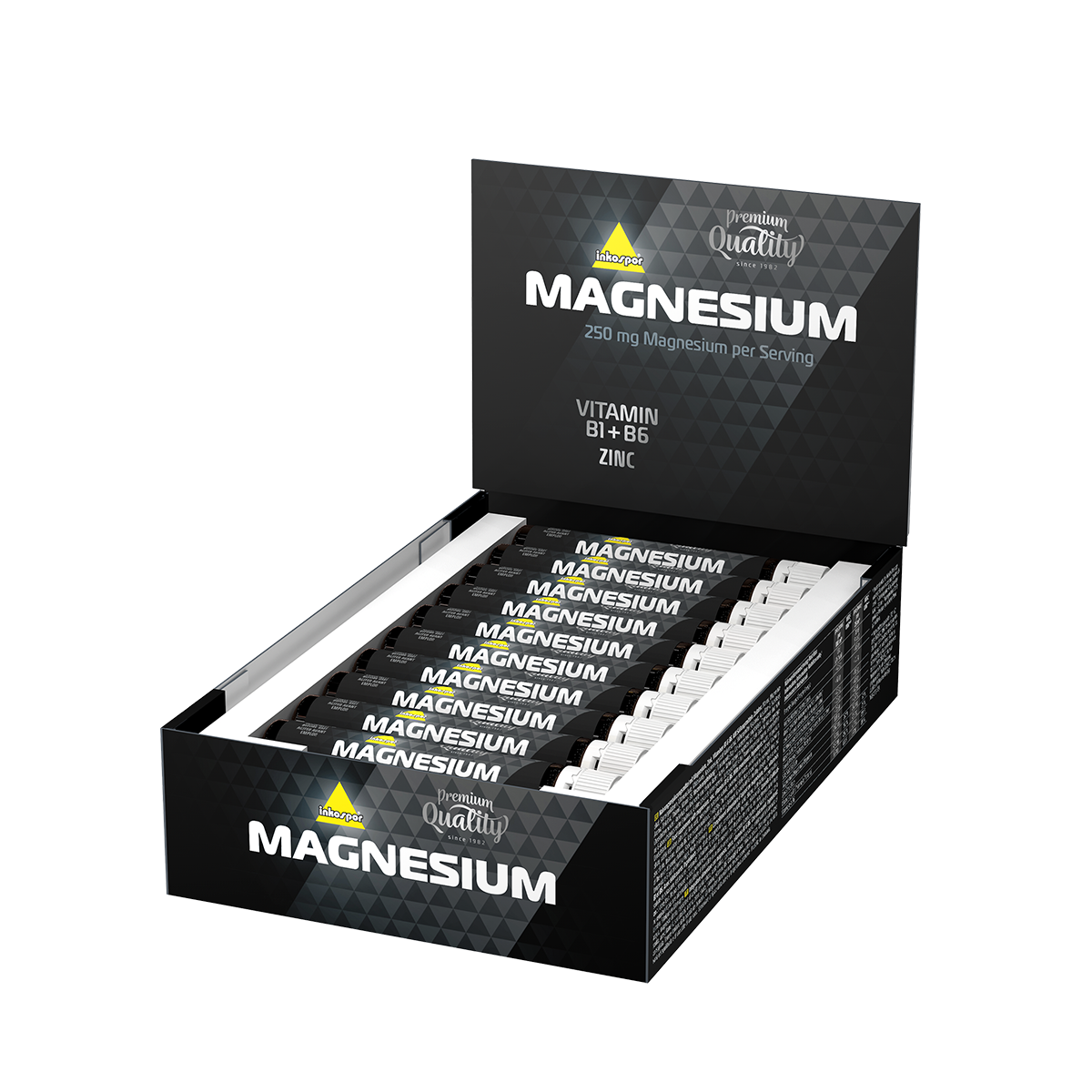 Tubo di integratore di magnesio, marrone con testo bianco, sfondo nero, tappo bianco.