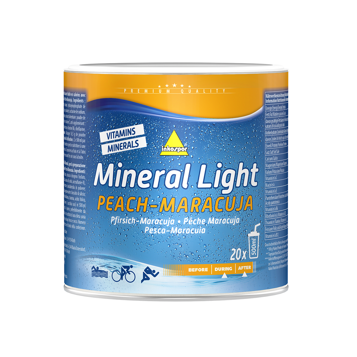 Bevanda in polvere Mineral Light in lattina al gusto Pesca e Maracuja. Etichetta blu e arancione con gocce d'acqua.