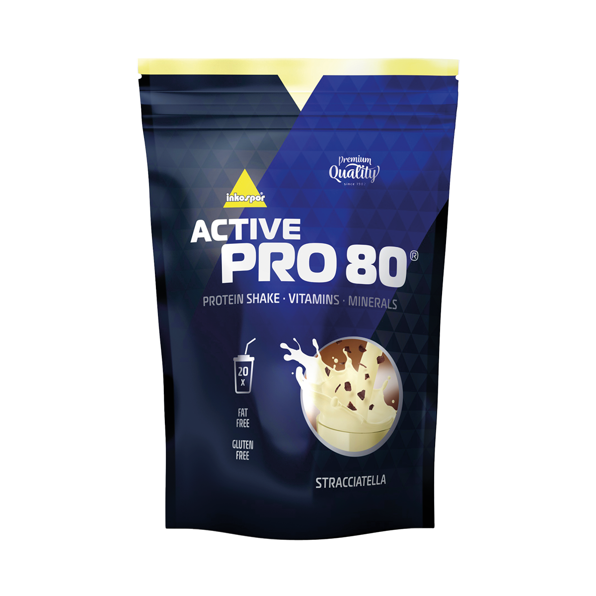 Bustina di proteine ​​in polvere Active Pro 80, gusto vaniglia, su sfondo bianco. Confezione blu scuro con dettagli gialli.