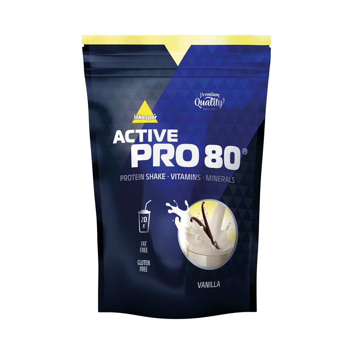 Bustina di proteine ​​in polvere Active Pro 80, gusto vaniglia, su sfondo bianco. Confezione blu scuro con dettagli gialli.