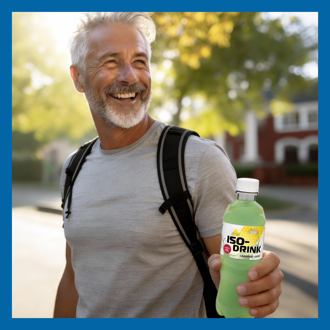 Uomo sorridente, con in mano una bottiglia di ISO-DRINK, in una strada soleggiata, con indosso uno zaino.