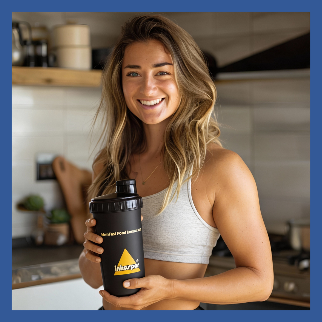 Donna sorridente, in cucina, con in mano uno shaker nero con scritte dorate.