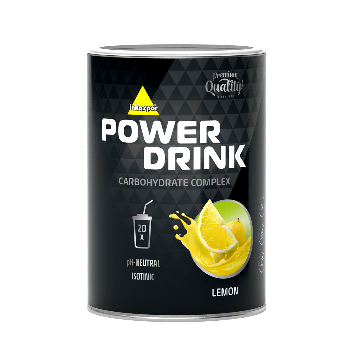 Lattina di Power Drink al gusto di limone, design nero e giallo, con grafica a fetta di limone.