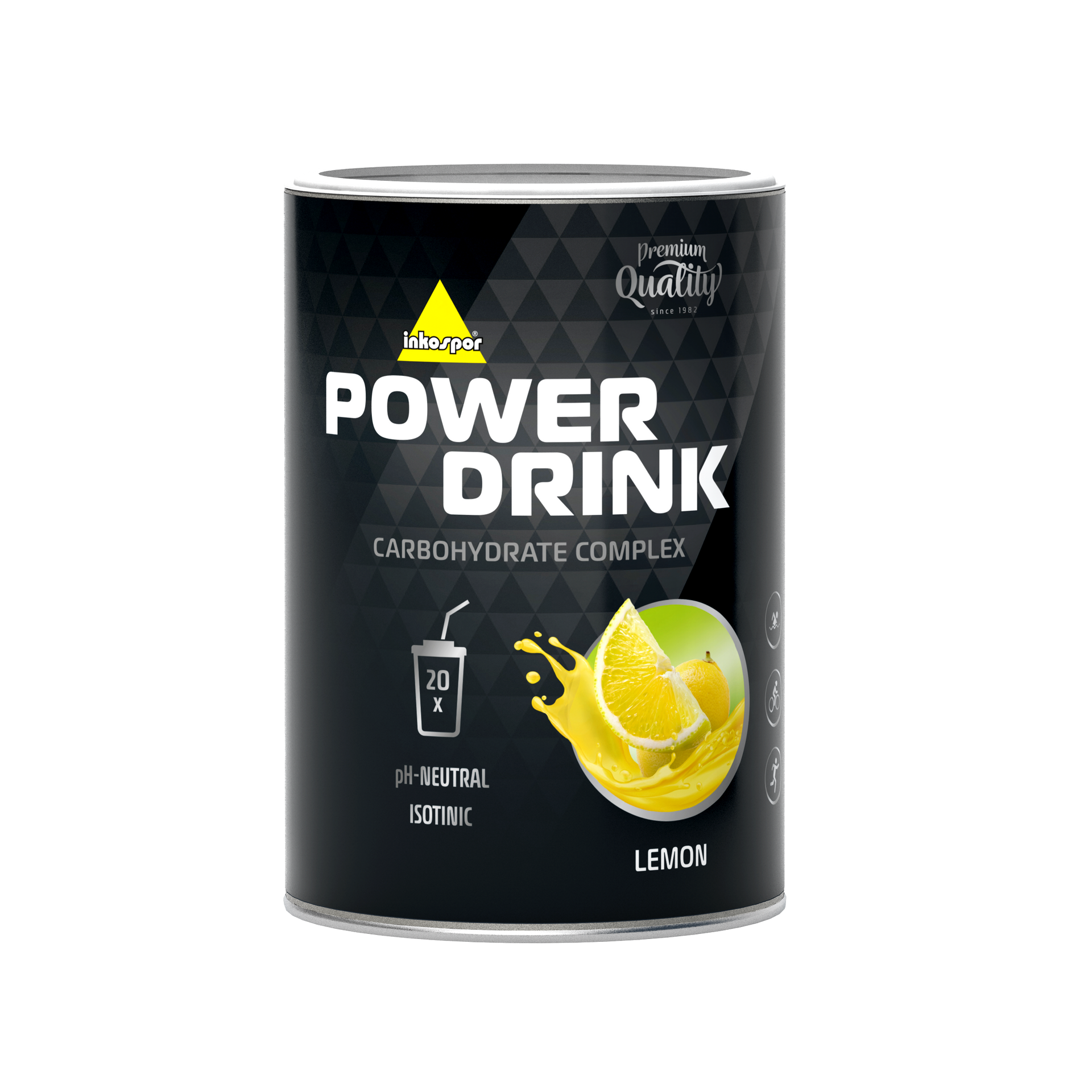 Lattina nera di Power Drink, al gusto di limone, con illustrazione di un limone giallo e schizzi di liquido.