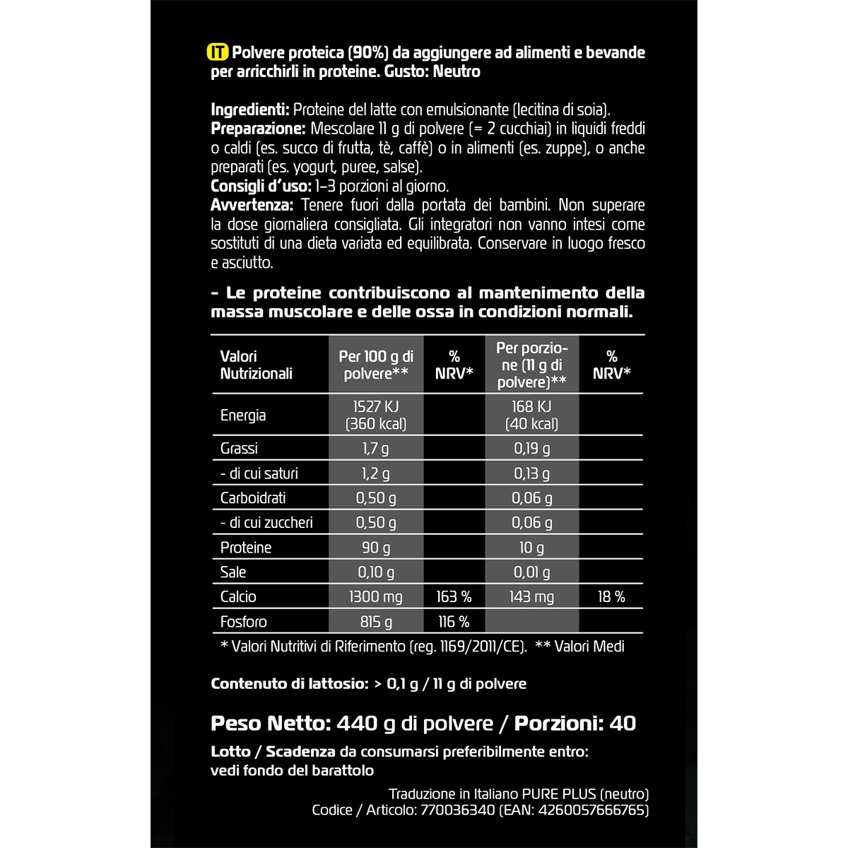 Contenitore per proteine ​​in polvere nero e oro con scritta 