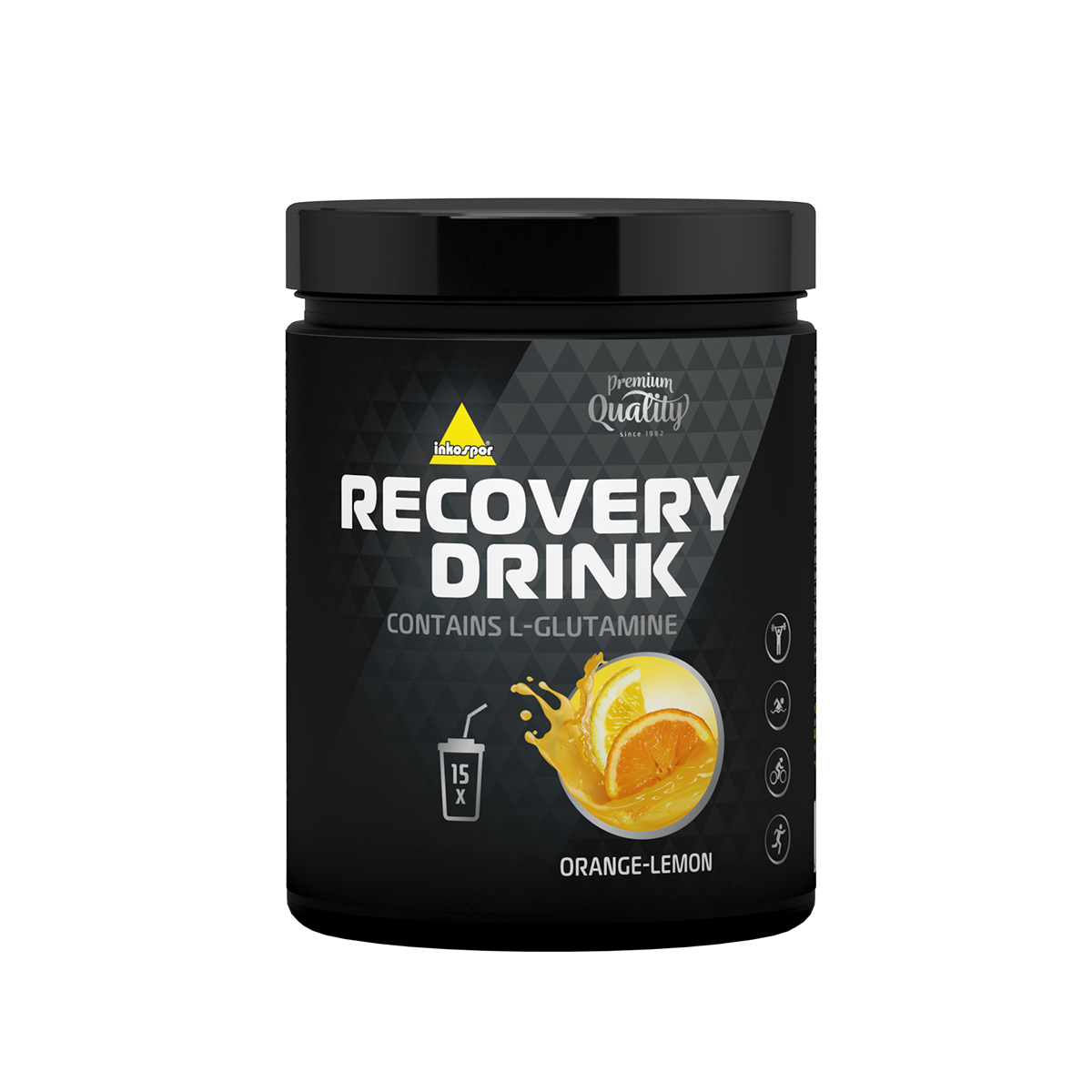 Barattolo nero di polvere Quamtrax Recovery Drink, gusto arancia.