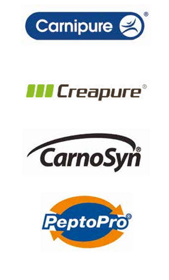 Loghi per gli integratori alimentari Carnipure, Creapure, CarnoSyn e PeptoPro.