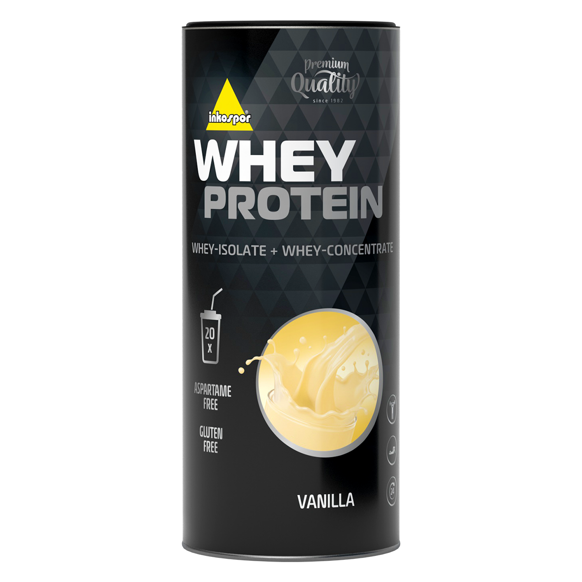 Contenitore per integratori di proteine ​​del siero del latte; gusto cioccolato, confezione nera e gialla.