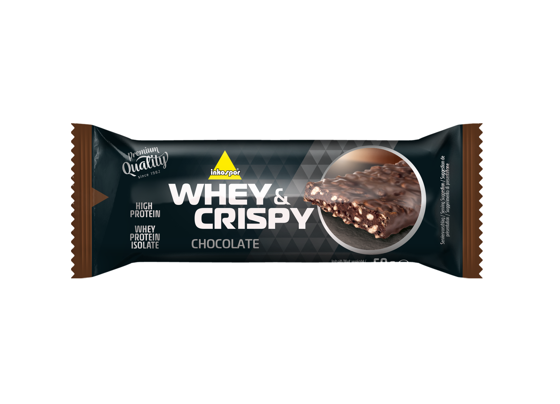 Barretta proteica al cioccolato fondente Whey & Crispy in confezione.
