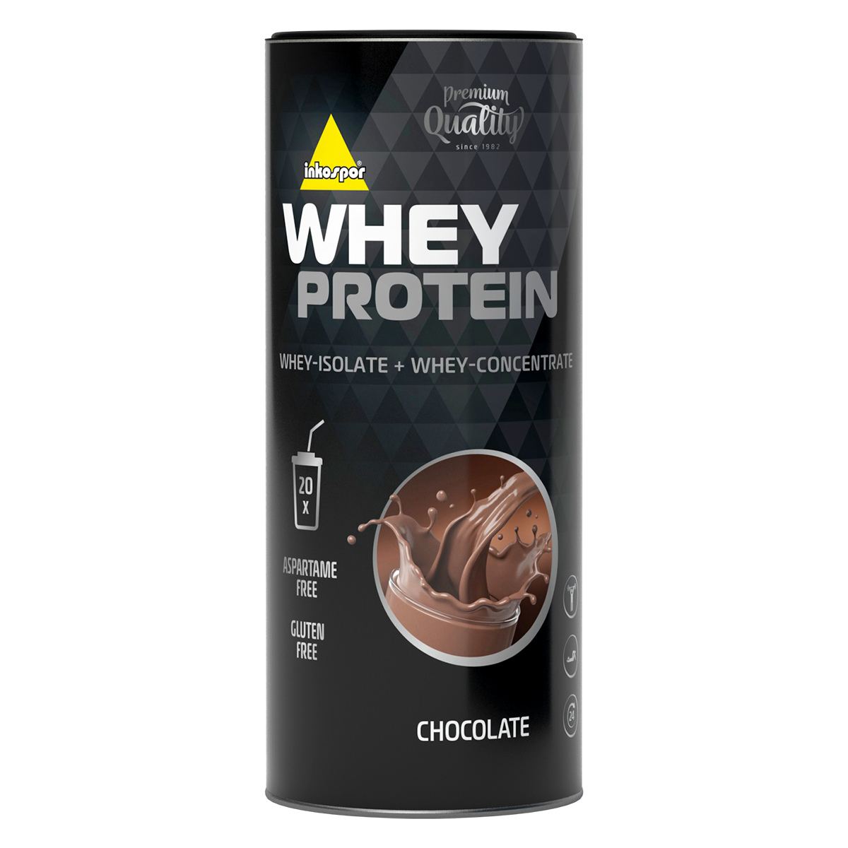 Contenitore per integratori di proteine ​​del siero del latte; gusto cioccolato, confezione nera e gialla.