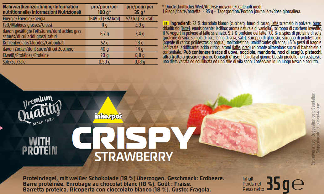Barretta proteica croccante al gusto di fragola, confezione rosa e bianca.