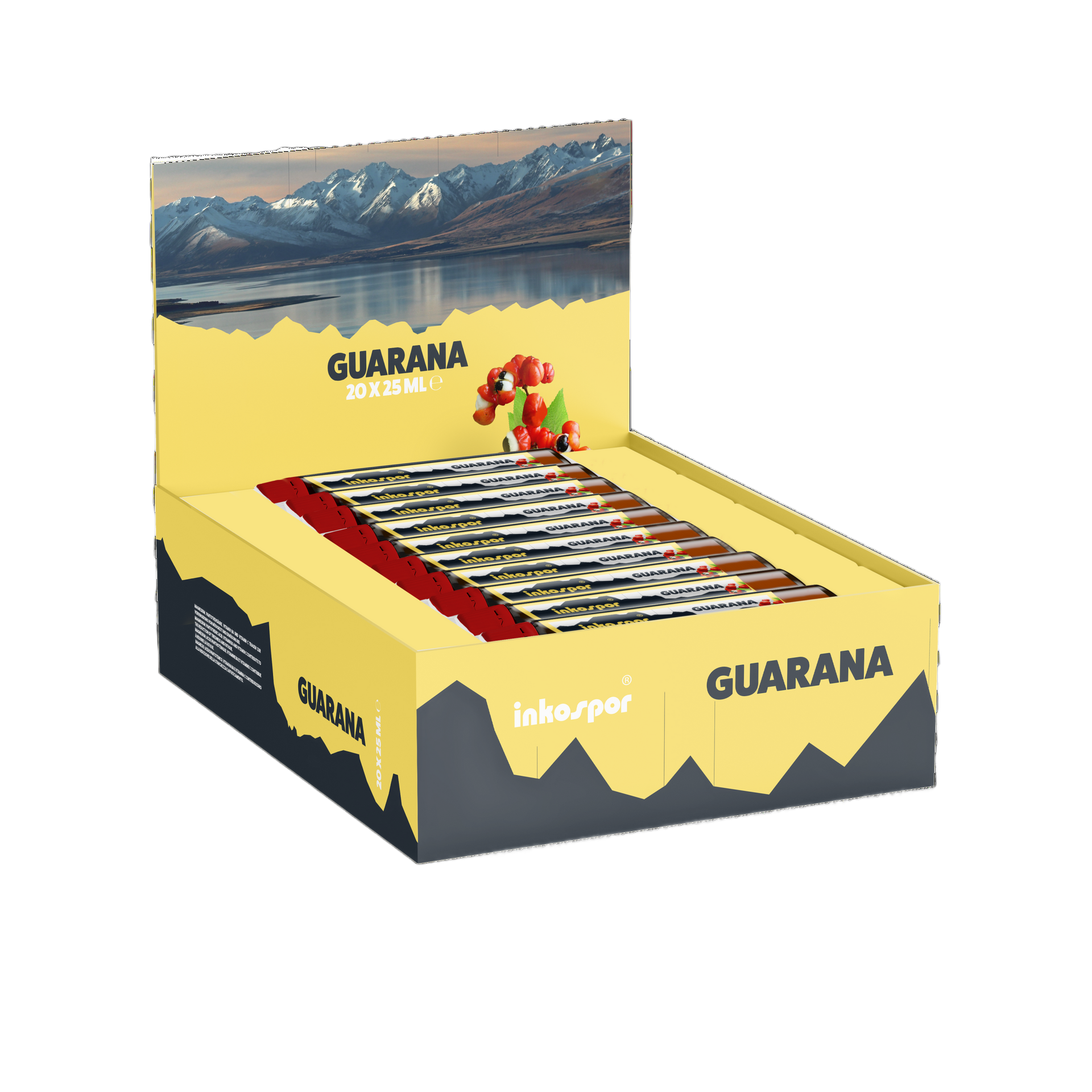 Scatola espositiva di barrette energetiche al guaranà. Scatola gialla, dettagli grigio scuro, scena di lago di montagna.