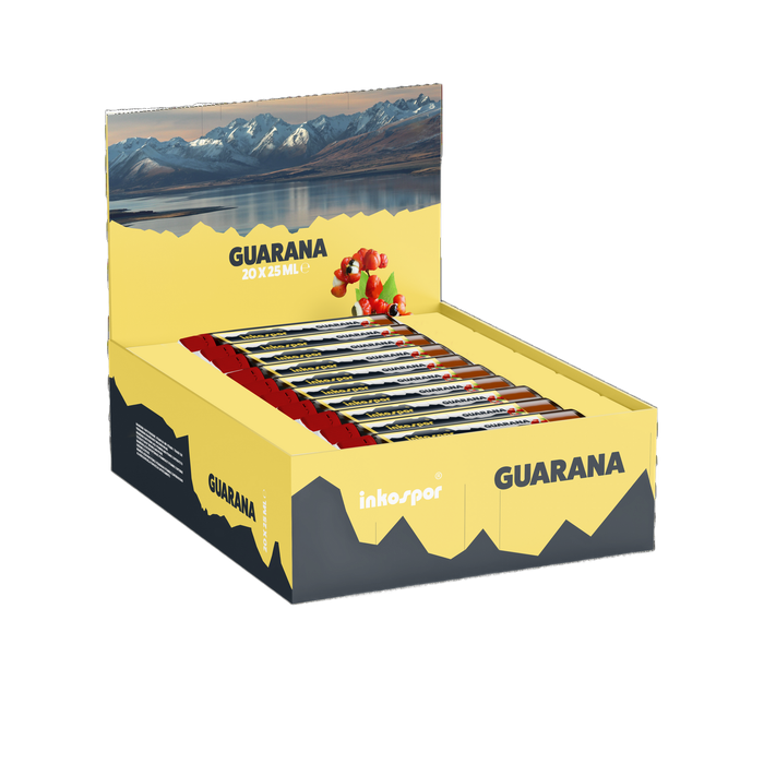 Scatola espositiva di barrette energetiche al guaranà. Scatola gialla, dettagli grigio scuro, scena di lago di montagna.