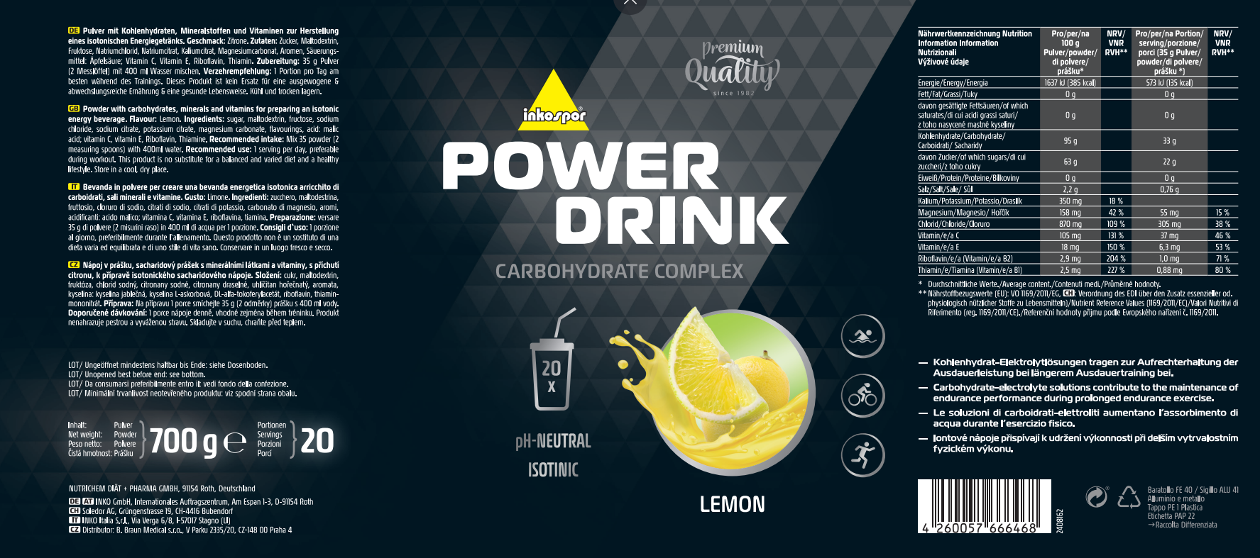 Lattina di Power Drink al gusto di limone, design nero e giallo, con grafica a fetta di limone.
