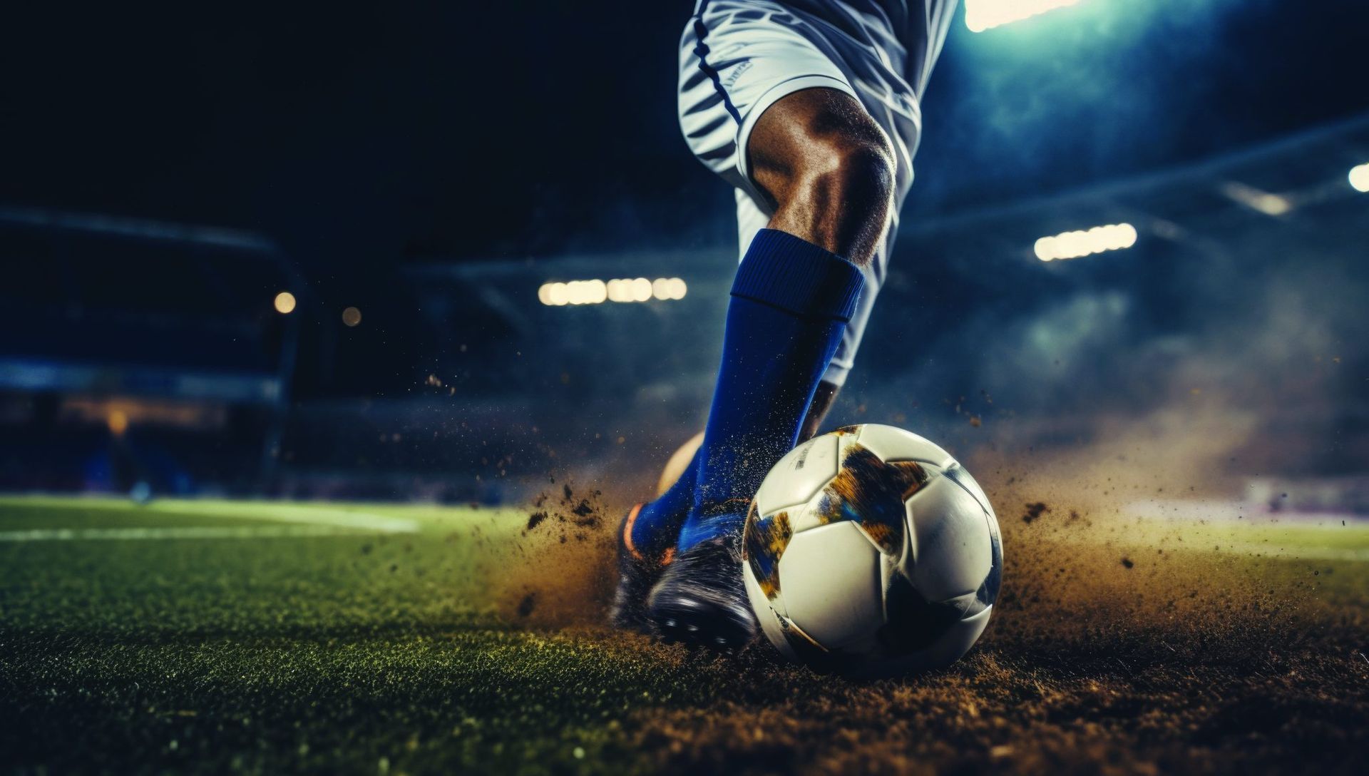 Un calciatore calcia un pallone su un campo verde, con la polvere che vola. Le luci dello stadio sullo sfondo.