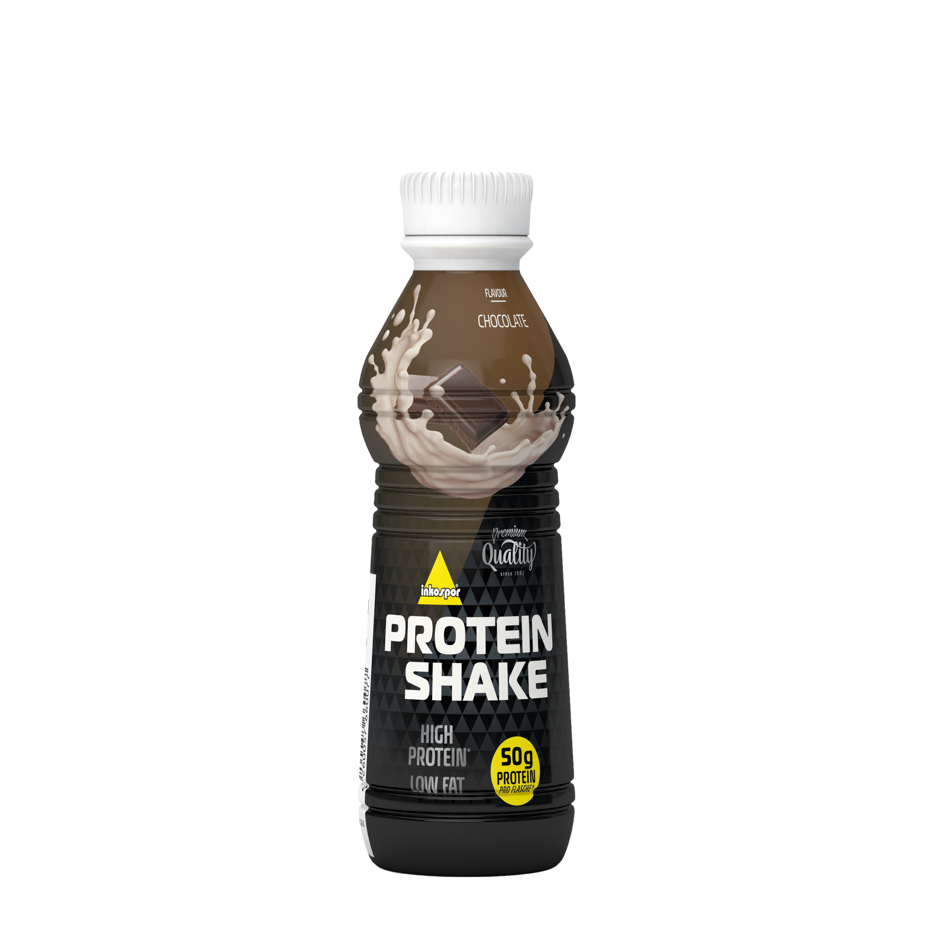 Bottiglia di frullato proteico al gusto di cioccolato con tappo bianco, sull'etichetta è scritto 