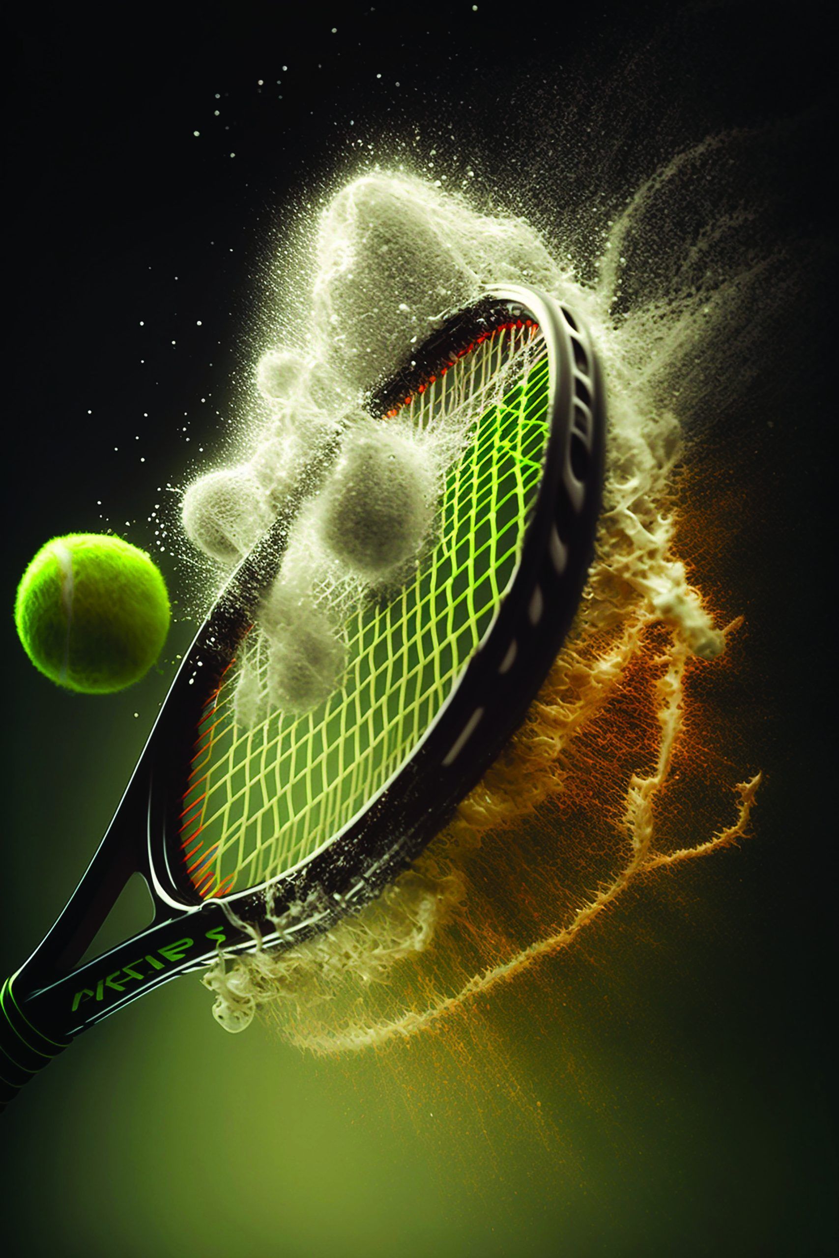 Racchetta da tennis che colpisce una palla con particelle di luce, verdi e dorate su sfondo nero.