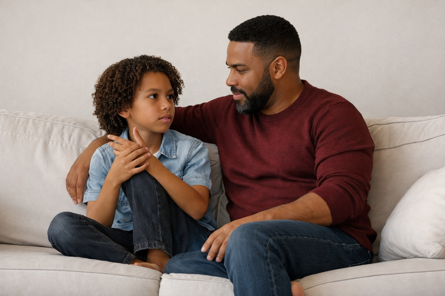A man and a little girl are sitting on a couch.