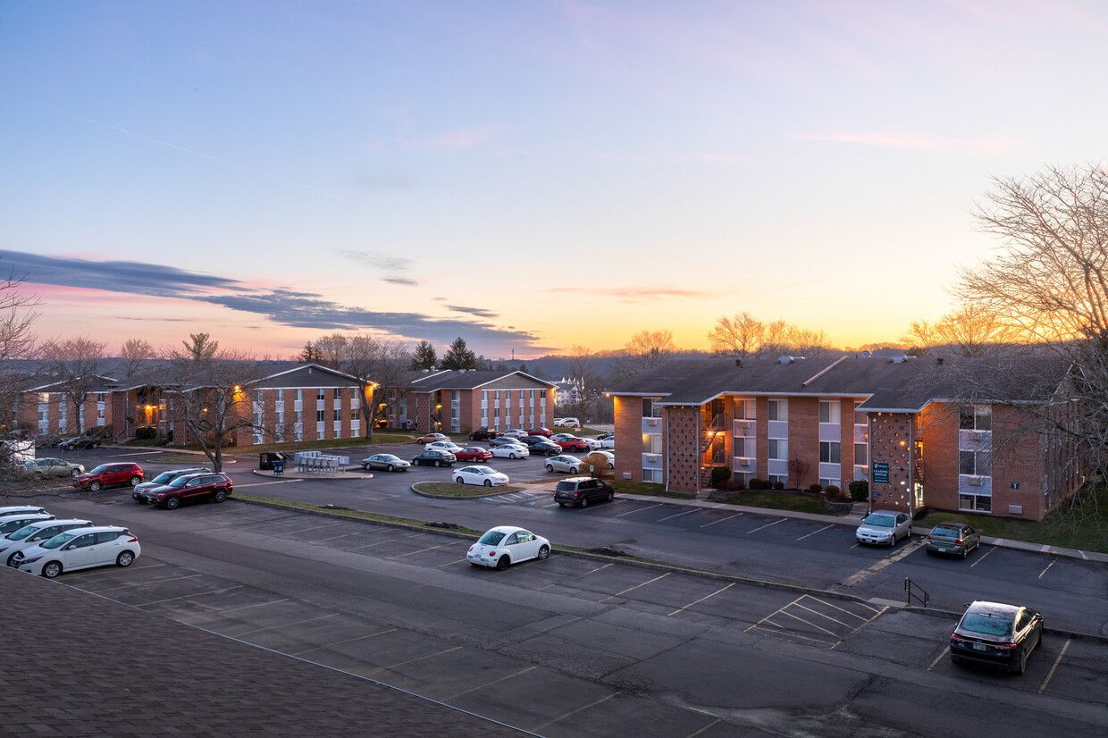 Photo of the Campus Heights community seen during sunset from the parking lot