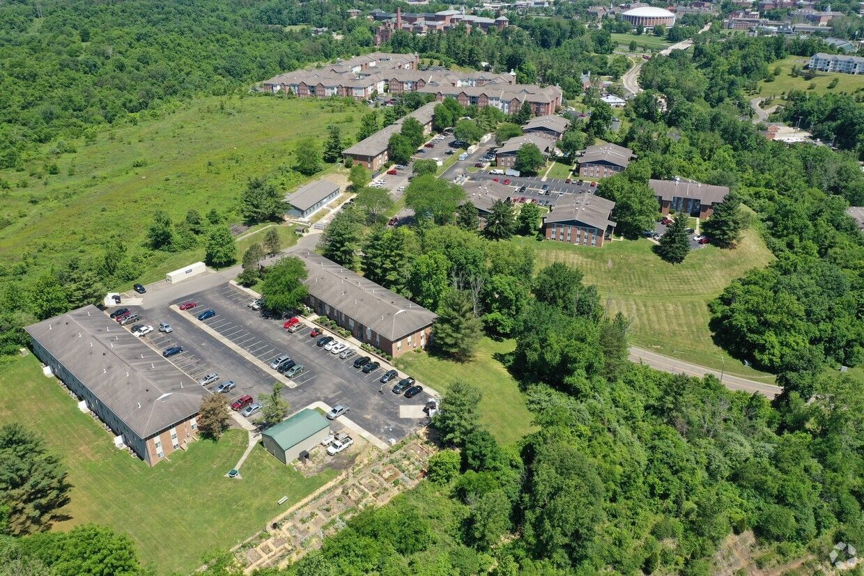 Photo of the Campus Heights Apartments community seen from an aerial view