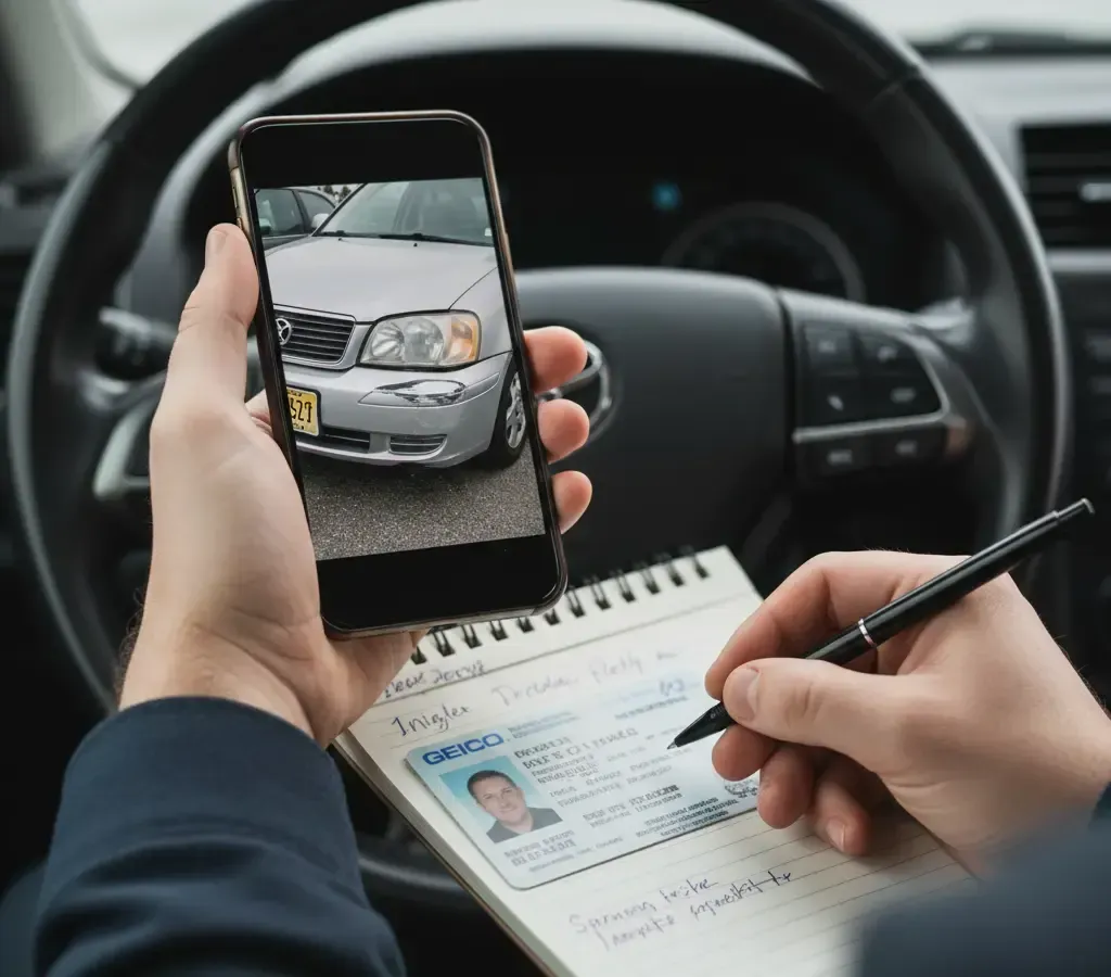 Person in car takes photo of car, writing on notepad with driver's license visible.