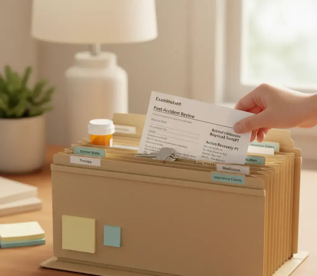 Person in car takes photo of car, writing on notepad with driver's license visible.