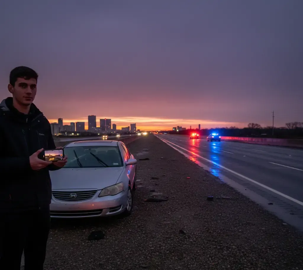 Man holding object by a disabled car on a highway at sunset, with city skyline and police car in the distance.