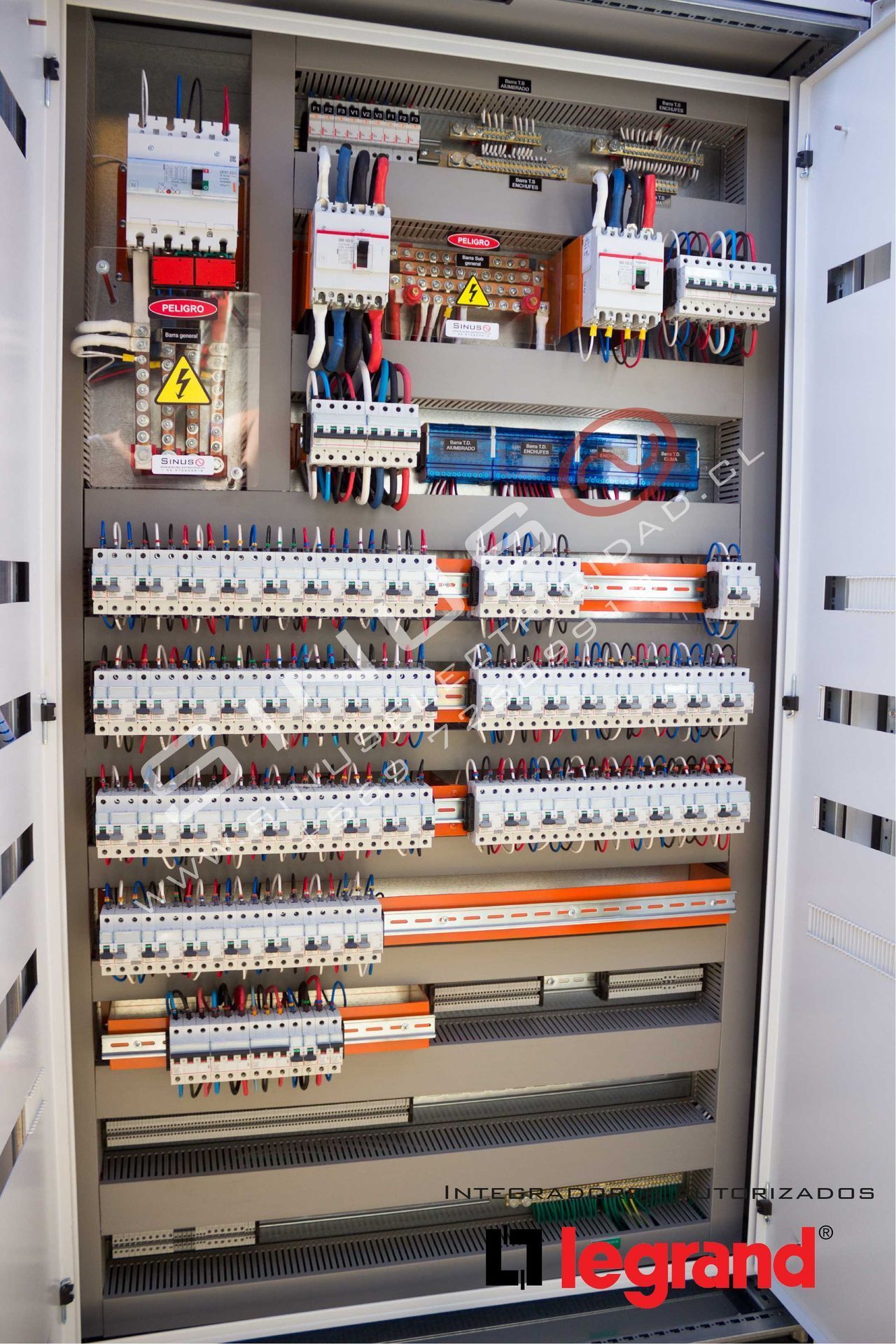 Panel de control eléctrico abierto con filas de disyuntores, cableado y módulos de relés rojos.