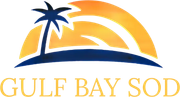 Logo: Palm tree silhouette over a blue strip, golden sun, and "Gulf Bay Sod" in tan.