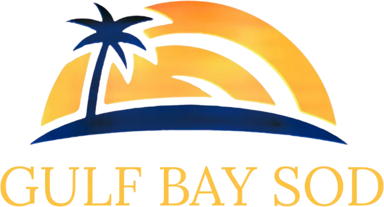 Logo: Palm tree silhouette over a blue strip, golden sun, and "Gulf Bay Sod" in tan.