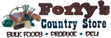 Logo for Forry's Country Store featuring a basket of produce and text: "BULK FOODS • PRODUCE • DELI"