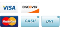 Payment icons for Visa, Discover, MasterCard, cash, and DVT.